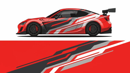 Obraz premium Red racing sports car with bold black and white graphic stripes, side view.