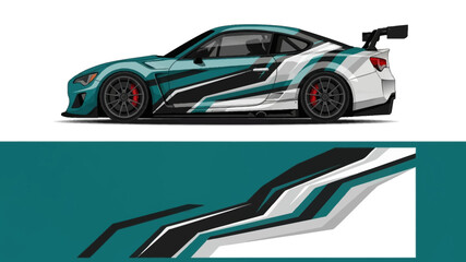 Obraz premium Sleek teal racing car with white and black graphics, showcased in dynamic sports design and aerodynamic styling.