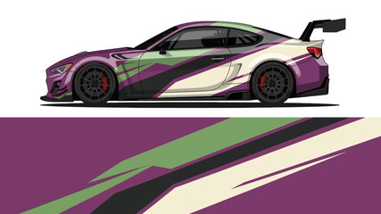 Fototapeta premium Dynamic sports car illustration featuring purple and green racing livery in motion.