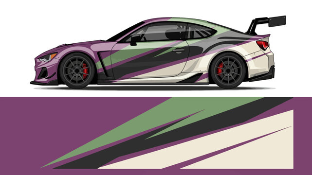 Sleek race car with bold graphics and abstract background design.