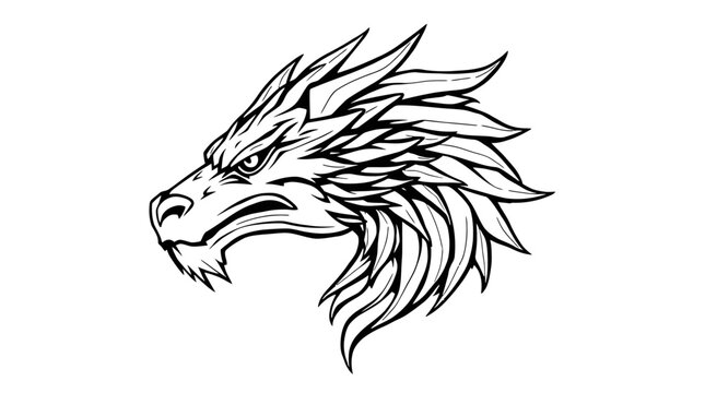 Detailed illustration of a fierce dragon head in black and white.