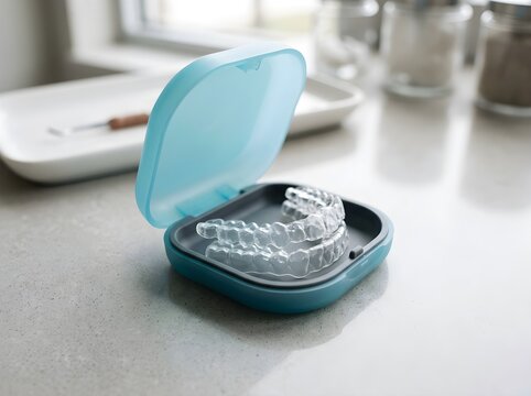 Modern orthodontic aligner case with clear retainers displayed on a minimalist counter
