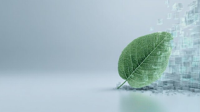 Concept of ecology and digital technology with a green leaf morphing into floating translucent wireframe cubes.