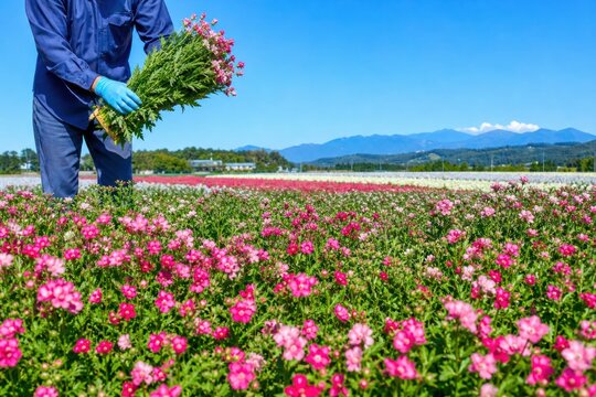 Agricultural worker harvesting fresh pink flowers bouquet in vast blooming field under clear blue sky with distant mountains, bright sunny day, commercial floriculture concept