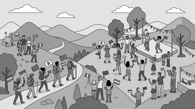 Diverse crowd celebrating with international flags at an outdoor festival on rolling hills