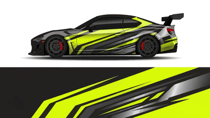 High contrast neon yellow race car with sleek black and gray graphic design. © Lailatul