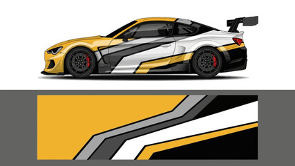 Side profile of a modern yellow and gray race car with aerodynamic design. © Lailatul