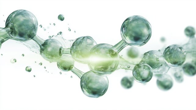 Glowing green molecular chain with liquid splashes. Representation of advanced cosmetic formulas.