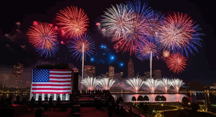 Obraz premium Vibrant Independence Day Fireworks Display with American Flag and City Skyline at Night