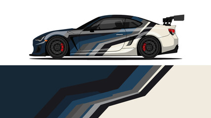 Dynamic side profile of a graphic racing car with blue and white livery. © Lailatul