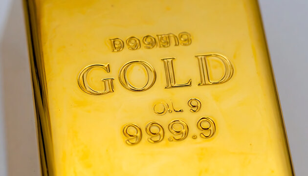 Close up of a shiny gold bullion bar, stamped with 'GOLD' and '999.9' purity, representing wealth and investment