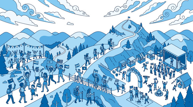 Mountain Summit Celebration: Hikers Reach Peak, Festive Crowd with Flags and Stage