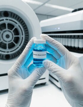 Scientist Gloved Hands Holding Glowing Blue Senolytic Blood Vial in Boutique Longevity Medicine Clinic, High-Tech Lab Background, AI Generated