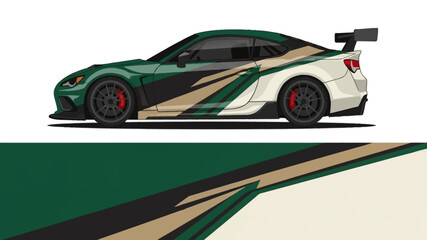 Fototapeta premium Dynamic green and cream sports car illustration with sleek profile and aerodynamic details.