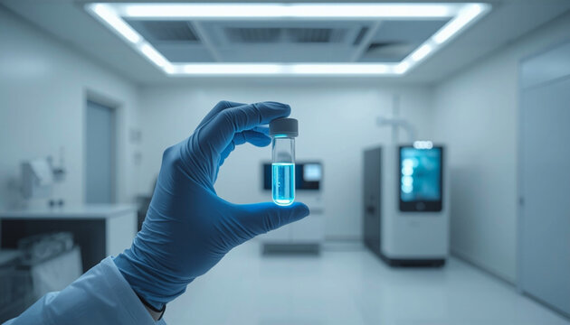 Future of Healthcare Concept Glowing Blue Senolytic Vial Held in Clinical Gloved Hands, Boutique Longevity Clinic Interior, Centrifuge Visible ,AI generated
