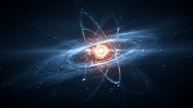 Futuristic glowing atom model with orbiting electron rings and bright orange central nucleus in dark cosmic background.