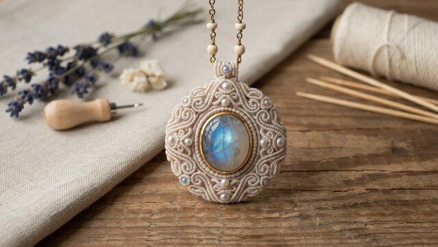 Intricate handmade macrame necklace with iridescent moonstone and pearls on a rustic wooden table with lavender