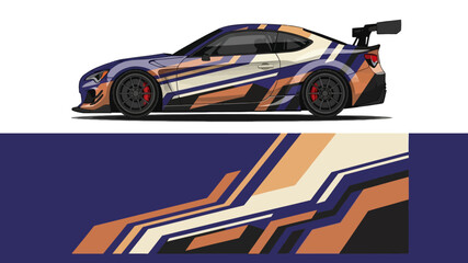 Fototapeta premium Side View of Modern Race Car with Abstract Livery in Blue and Orange.
