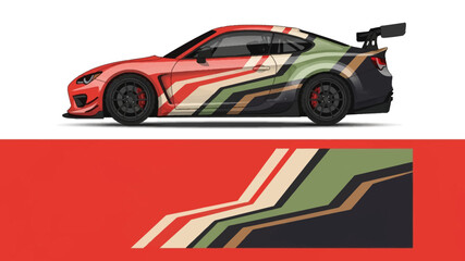 Red racecar with striped racing livery and aerodynamic spoiler, bold design. © Lailatul