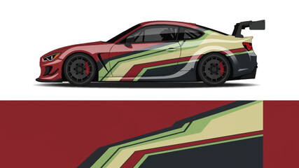 Fototapeta premium Side profile of a red sports car with green and yellow racing stripe design and bold graphics.