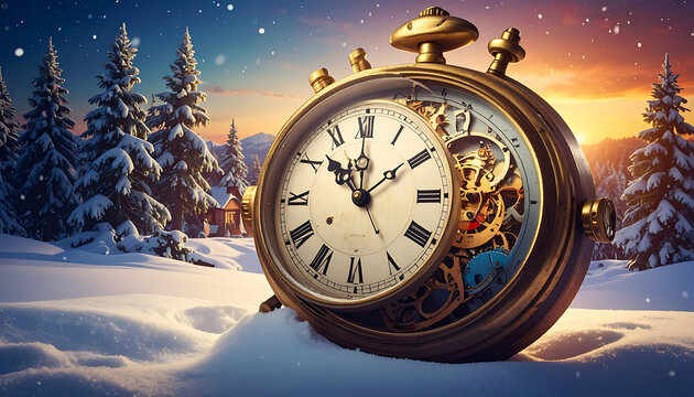 Antique pocket watch in a snowy forest landscape at sunset, time passing, winter holidays, concept of moments