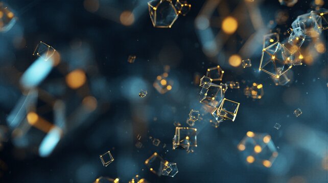 Abstract floating wireframe cubes with glowing golden nodes representing digital network connections and blockchain technology.