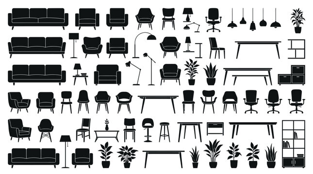 Detailed collection of black silhouettes featuring various modern furniture pieces like sofas chairs tables lamps and indoor plants organized in a clean grid layout for interior design projects on whi