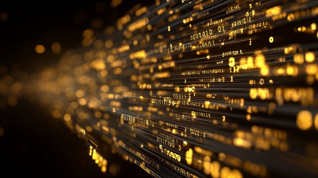 High speed glowing golden digital code streams and data trails moving horizontally in dark space.