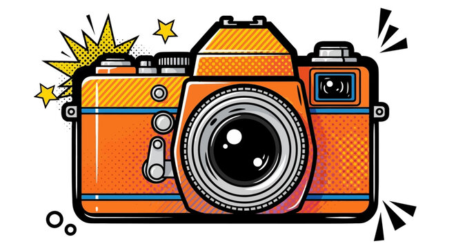 Vintage retro camera in colorful pop art comic book style illustration isolated on white