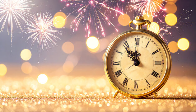 Antique pocket watch nearing midnight with celebratory fireworks and bokeh lights, New Year's Eve countdown, festive celebration, sparkle and shine