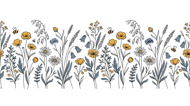 Delicate hand drawn floral border featuring wild yellow poppies blue bellflowers and white daisies with tiny buzzing bees arranged in a seamless horizontal pattern for decorative seasonal textile prin