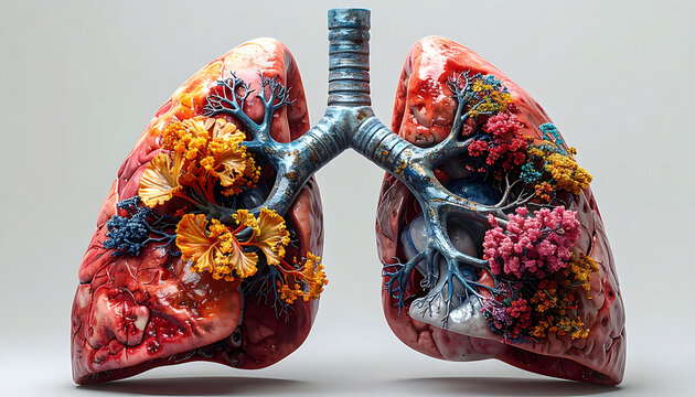 Artistic representation of diseased lungs with colorful growths and textures, symbolizing respiratory illness and medical conditions
