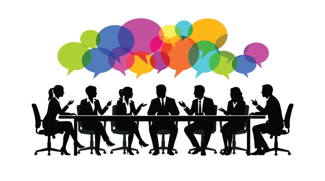 Professional business team sitting at a long conference table having an active meeting with colorful floating speech bubbles representing diverse communication and collaborative corporate discussion i