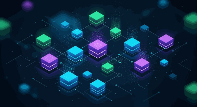 Isometric 3D technology network nodes with blockchain data blocks and digital cloud database infrastructure
