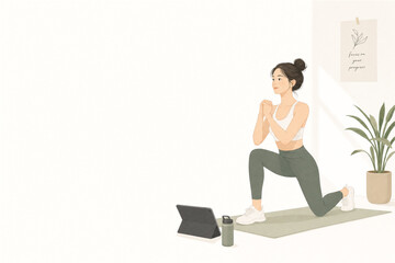 Fototapeta premium Flat illustration of a person doing home workout, healthy fitness and interior lifestyle concept,Generative AI