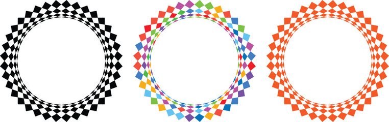 Fototapeta premium Collection of circular geometric illusion designs featuring vibrant rainbow mosaic spirals and monochrome checkerboard patterns, mesmerizing radial symmetry artwork with visual motion effect, modern a