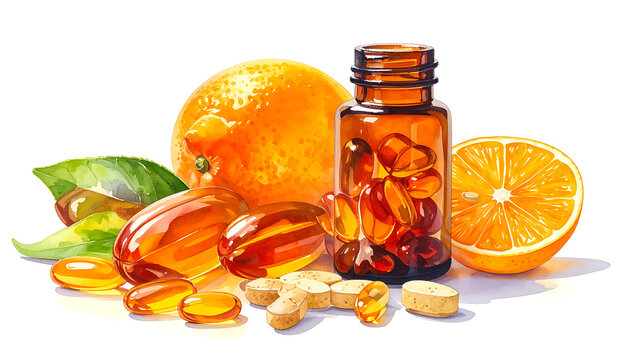 Assortment of vitamin capsules and tablets with oranges and leaves, representing health and wellness, nutrition and supplements