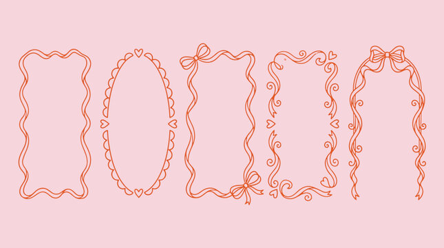 Cute coquette style pink ribbon borders and romantic heart frames set for wedding invitations scrapbooking card designs or social media vector illustration
