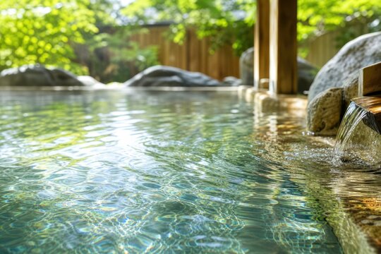 Japanese outdoor hot spring bath with clear rippling water flowing from wooden spout surrounded by natural stones and lush green foliage in peaceful traditional spa resort