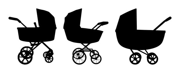 Obraz premium Baby stroller set with black silhouette design featuring childcare, transportation, infant care with wheels and push handle