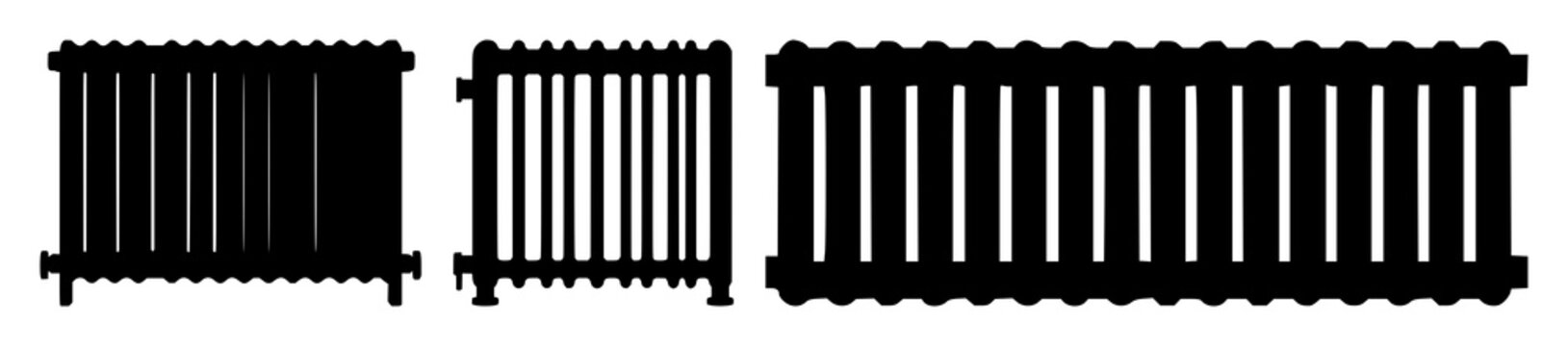 Radiator set with black silhouette and simple outline design featuring heating, thermal, appliance with heater and home
