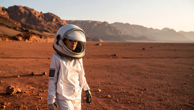 Astronaut exploring a desolate alien planet with red sand and mountains, golden hour light