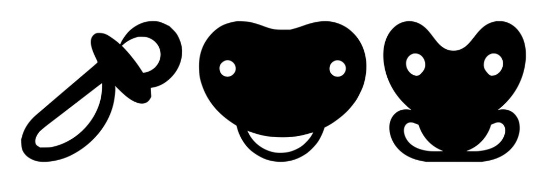 Pacifier set with minimalist black silhouette design featuring baby, newborn, infant with care and feeding accessories