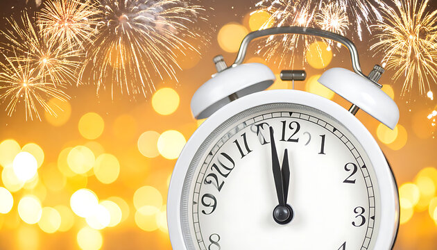 Countdown to midnight, white alarm clock showing 11:59 against a bokeh background with fireworks celebrating New Year's Eve or a special event