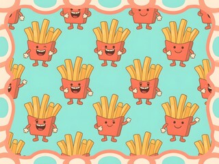 Fototapeta premium Retro French Fries Cartoon Seamless Border Pattern Vintage Fast Food Style