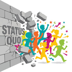 Naklejka premium Bold vector illustration of colorful kids breaking through a status quo brick wall