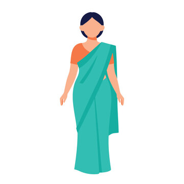 Woman in a turquoise saree stands in a simple vector illustration