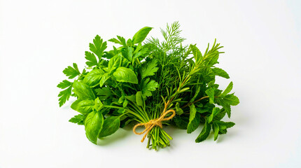 Bundled fresh culinary herbs tied with twine isolated on white background © sadashiv