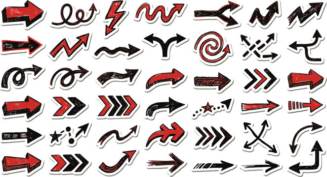 Hand drawn doodle arrows collection with red and black sketchy pointer signs for business presentations graphs infographics and designs vector illustration