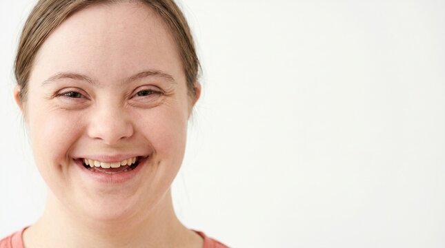 Close-up do rosto sorridente de uma jovem com S&iacute;ndrome de Down em fundo branco